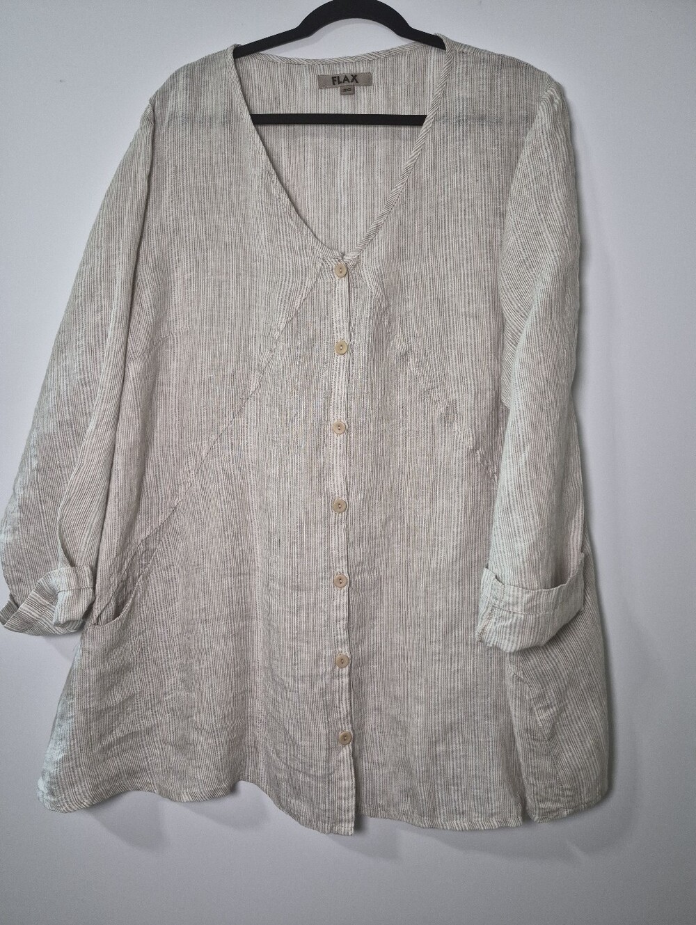 FLAX Linen Striped Button Front Tunic Shirt Pockets 2G 22/24 Lagenlook Chest 27